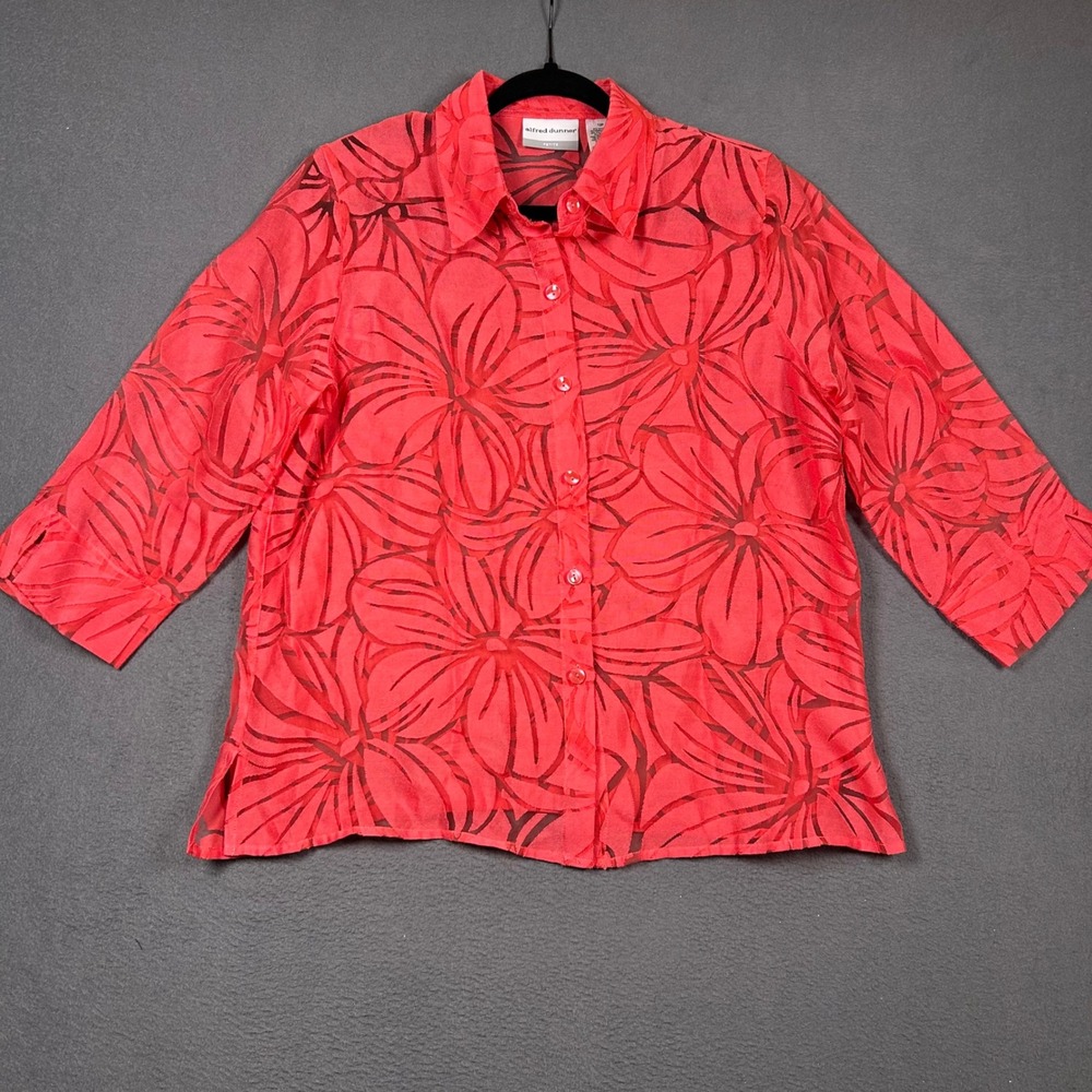 Alfred Dunner Blouse Womens 12P Red Floral Burnout Button Up 3/4 Sleeve Petite